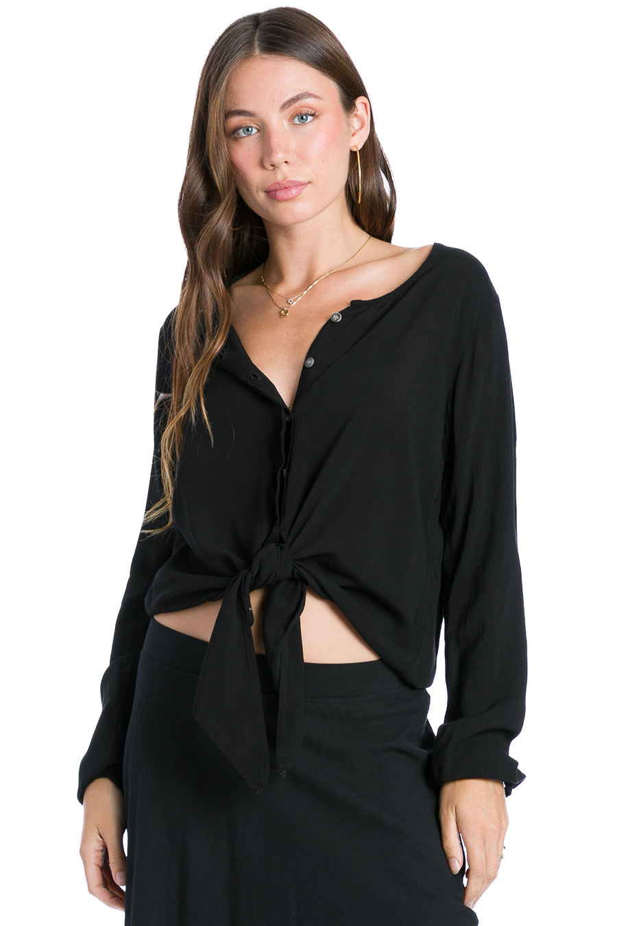 Black tie front top long sleeve best sale